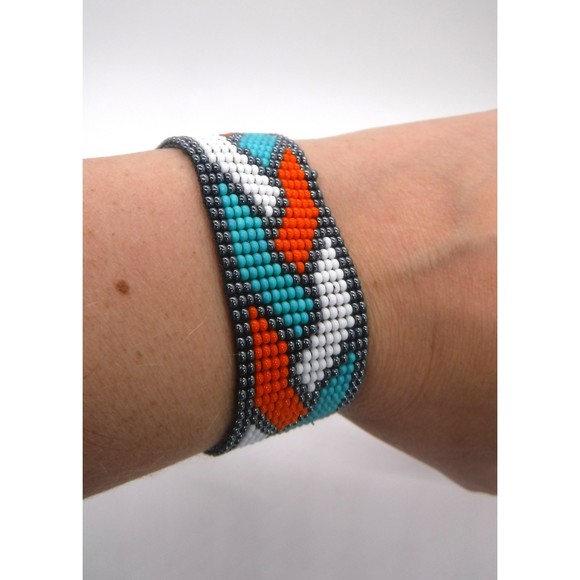 Loom Beaded Bracelet Orange, White & Teal w/ Vegan Leather - Picture 1 of 4